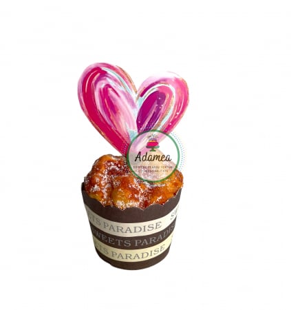Sfantul Valentin - Dragobete - iubire - Topper de tort  personalizat cu element special din carton sub forma de  inima roz pictata cu dungi auriu