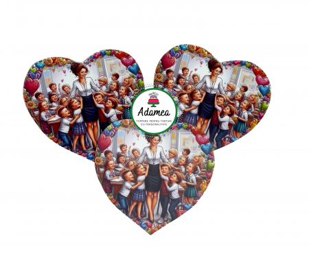 Final de an scolar - Topper de tort  personalizat cu element special din carton sub forma de inima cu invatatoare eleganta si elevii sai