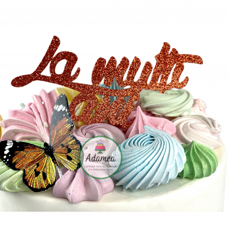 Topper de tort cu element special din carton sub forma de mesaj cu La multi ani cupru glitter
