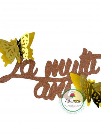 NOUTĂȚI - Topper de tort cu element special din carton sub forma de mesaj la multi ani maro glitter