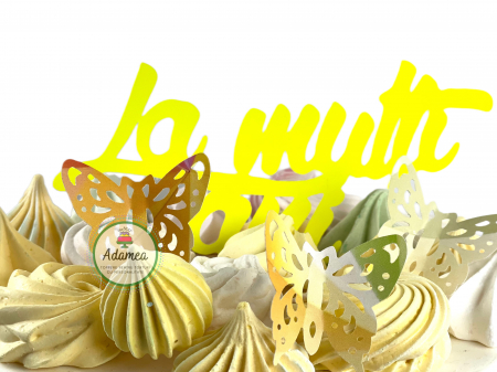 Topper de tort cu element special din carton sub forma de mesaj cu la multi ani galben neon