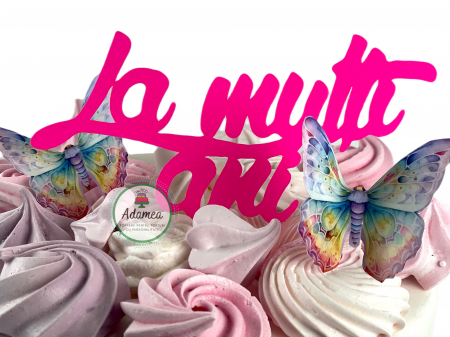 Topper de tort cu element special din carton sub forma de mesaj la multi ani neon roz