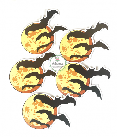 Topper tort din carton cu luna galbena si lilieci de Halloween sau pentru Wendsday