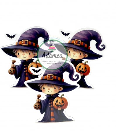 Halloween - Topper de tort cu element special din carton sub forma de baietel vrajitor cu dovleac de Halloween