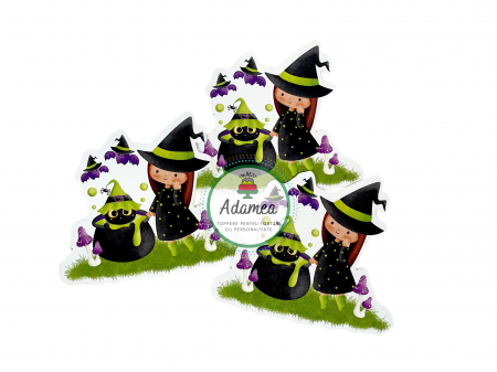Halloween - Topper de tort cu element special din carton sub forma de fetita vrajitoare cu ceau, pisica si lilieci