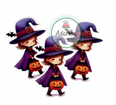 Halloween - Topper de tort cu element special din carton sub forma de fetita vrajitoare cu dovleac de Halloween
