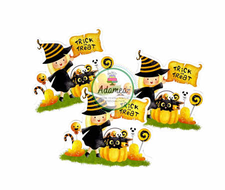 Halloween - Topper de tort cu element special din carton sub forma de vrajitoare fetita cu pisica, dovleac si pancarda cu Trick or Treat