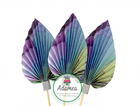 Topper de tort cu element special din carton sub forma de evantai sau frunza de palmier marmorat mov, lila, albastru, bleu si verde