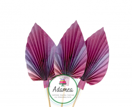 Topper de tort cu element special din carton sub forma de evantai sau frunza de palmier marmorat simetric cu roz, fucsia si mov