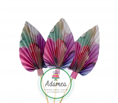 Topper de tort cu element special din carton sub forma de evantai sau frunza de palmier marmorat superb cu roz, fucsia, mov, lila, crem si verde