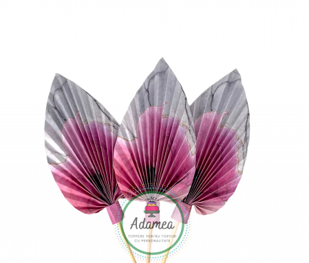 Topper de tort cu element special din carton sub forma de evantai sau frunza de palmier marmorat cu floare stilizata roz fucsia pe fundal gri