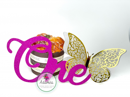 Prima aniversare - Topper de tort cu element special din carton sub forma de ONE roz fucsia glitter