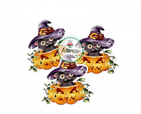 Halloween - Topper de tort cu element special din carton sub forma de pisica cu palarie de vrajitoare in dovleac de Halloween