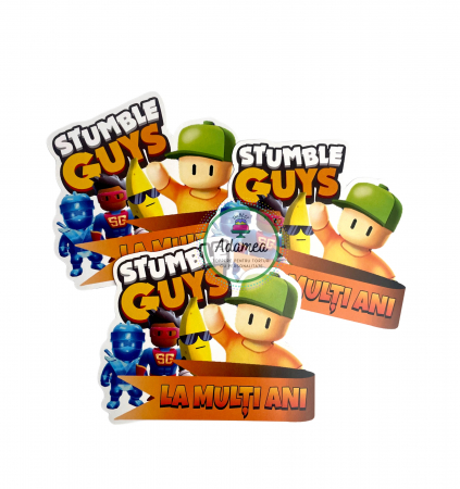 Pentru băieți - Topper de tort  personalizat cu element special din carton sub forma de  placheta cu la multi ani si personajele din jocul Stumble Guys