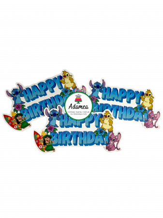 Topper de tort  personalizat cu element special din carton sub forma de  placuta cu Happy Birthday cu Stitch, lilo, Angel