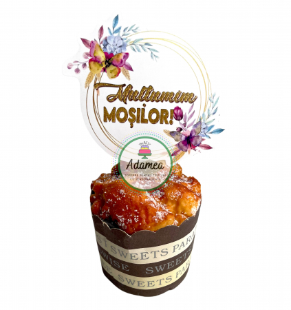 Botez - Topper de tort  personalizat cu element special din carton sub forma de  plauta cu Multumim Mosilor cu flori si fluturi