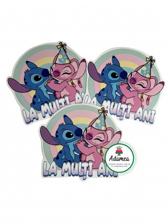 La mulți ani - Topper de tort  personalizat cu element special din carton sub forma de  placuta cu La multi ani si Stitch cu Angel