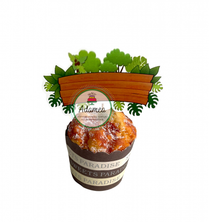 Animale din pădure - Topper de tort  personalizat cu element special din carton sub forma de  placuta din lemn cu frunze personalizabil cu numele sarbatoritului