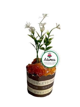 Toppere tort - Topper de tort  personalizat cu element special din acril sub forma de planta artificial din plastic cu frunze verzi si floricele albe