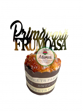 Topper de tort  personalizat cu element special din carton sub forma de  mesaj cu Primavara frumoasa auriu oglinda