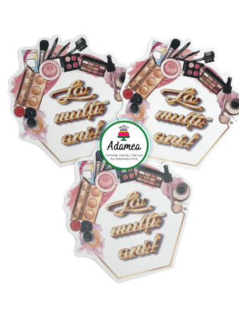 Makeup/Cosmetice/Manichiura/Beauty - Topper de tort  personalizat cu element special din carton sub forma de stegulet hexagonal cu cosmetice ideal pentru torturile cu machiaj