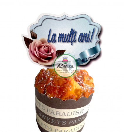 Stegulete - Topper de tort  personalizat cu element special din carton sub forma de placheta bleu deschis cu La multi ani si trandafir