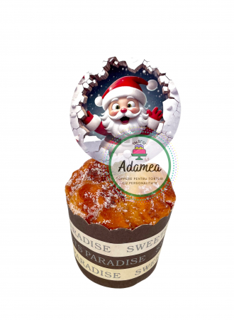 Topper de tort cu element special din carton sub forma de banut cu Mos Craciun