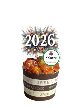 NOUTĂȚI - Topper de tort  personalizat cu element special din carton sub forma de placheta cu 2026 globuri si crengi de brad