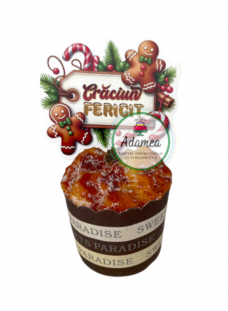 Topper de tort cu element special din carton sub forma de patrat cu Craciun fericit si rama cu dulciuri