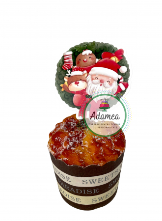 Topper de tort cu element special din carton sub forma de disc cu Mos Craciun, Renul Rudolf si om de turta dulce