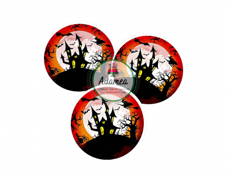 Halloween - Topper de tort cu element special din carton sub forma de castel sau casa bantuita de Halloween cerc