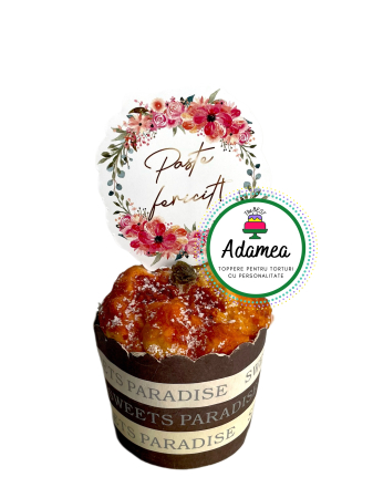 Sarbatori Pascale - Topper de tort  personalizat cu element special din carton premium de calitate superioara sub forma de stegulet cu flori si Paste Fericit