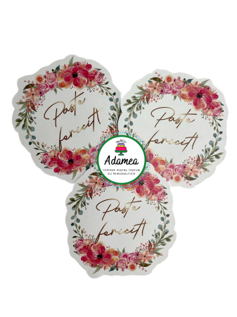 Topper de tort  personalizat cu element special din carton premium de calitate superioara sub forma de stegulet cu flori si Paste Fericit [1]