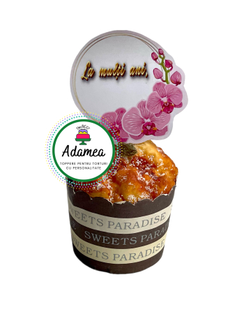 Mesaje - Topper de tort  personalizat cu element special din carton sub forma destegulet cu orhidee roz personalizabil.