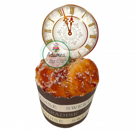 Revelion - Topper de tort cu element special din carton sub forma de ceas crem de revelion cu galben tip auriu