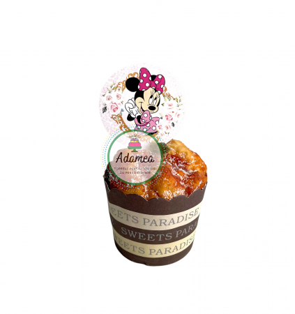 Topper de tort  personalizat cu element special din carton sub forma de  Minnie in cerc cu flori ideal si pentru candy bar