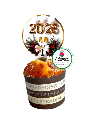 Revelion - Topper de tort  personalizat cu element special din carton cu 2026 si pahare de sampanie de Revelion