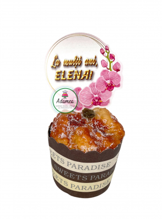 Stegulete - Topper de tort cu element special din carton sub forma de stegulet roz cu orhidee si mesajul auriu personalizat  La multi ani, Elena