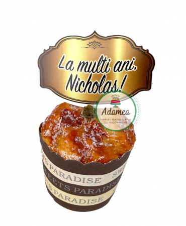 Stegulete - Topper de tort cu element special din carton sub forma de cap de placuta aurie cu La multi ani, Nicholas