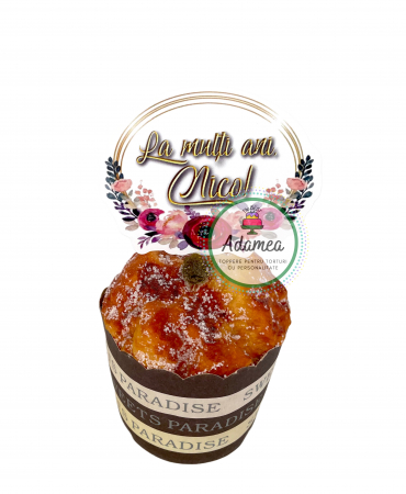 Stegulete - Topper de tort cu element special din carton sub forma de placuta ovala cu floricele si La multi ani, Nico