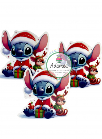 Topper de tort cu element special din carton sub forma de Stitch de Craciun cu sanie si ren