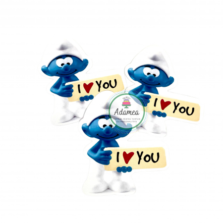 Iubire - Topper de tort cu element special din carton sub forma de strumf cu placuta ci I love you