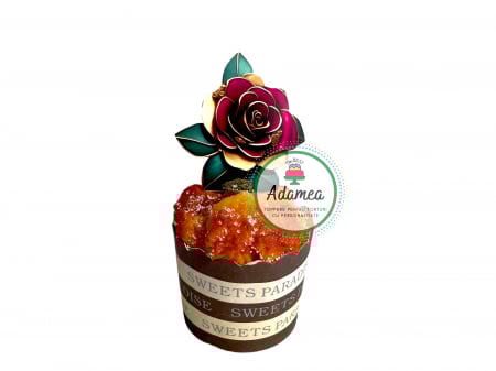 Flori - Topper de tort  personalizat cu element special din carton sub forma de  trandafir printat 2D cu efect 3D grena cu verde si galben tip auriu
