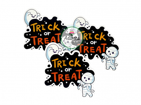 Halloween - Topper de tort cu element special din carton sub forma de placuta cu fantoma si mumie cu Trick or Tret