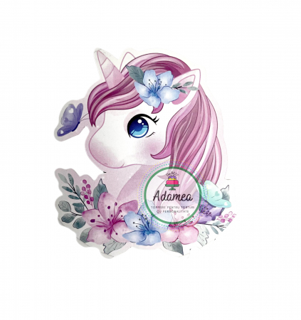 Unicorn - Topper de tort  personalizat cu element special din carton sub forma de cap de unicorn in nunate de mov roz si bleu cu flori si fluture