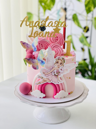 Topper de tort cu element special din carton sub forma de zana diafana roz [2]