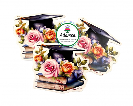 Final de an scolar - Topper de tort  personalizat cu element special din carton sub forma de  toca si carti cu trandafiri pictati roz