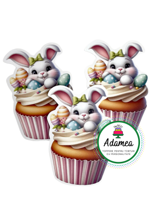 Topper de tort  personalizat cu element special din carton premium de calitate superioara sub forma de iepuras in cuib cu oua de Paste pe briosa