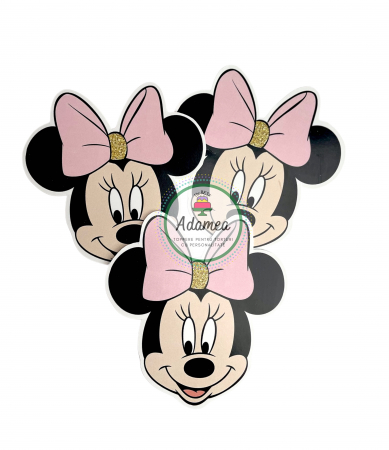 Topper de tort cu element special din carton sub forma de cap de Minnie cu fundita roz pal si auriu