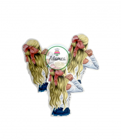 Doamne si domnisoare - Topper de tort  personalizat cu element special din carton sub forma de  tanara domnisoara blonda cu parul lung si funda roz